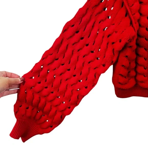 Alice + Olivia Bright Ruby Red Allene Cable Stitch Chunky Wool Sweater Sz. SP - Picture 5 of 11